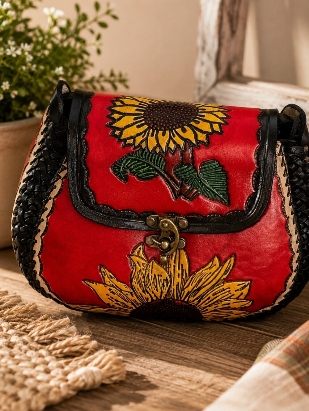 Sunflower Embellished Red Leather Bag